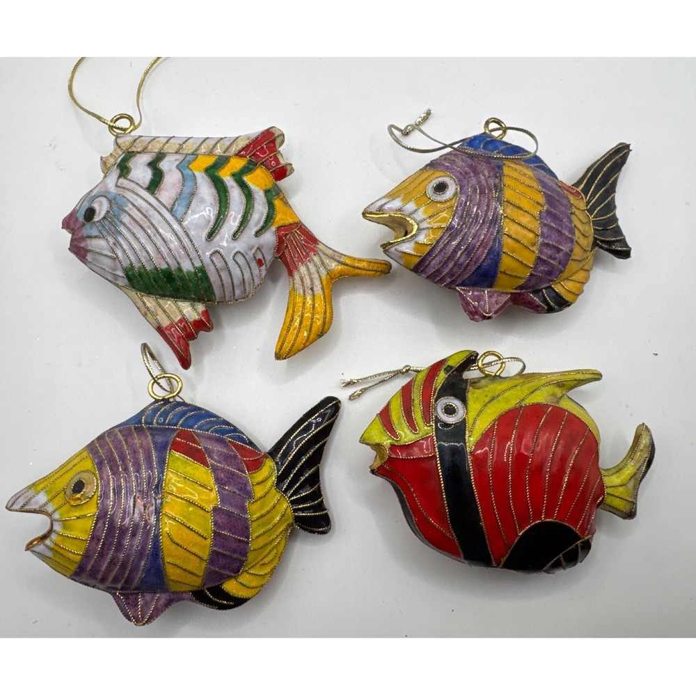 Vintage Cloisonne Enamel Tropical Fish Ornaments Set of 4 Nautical Decor 3.5"